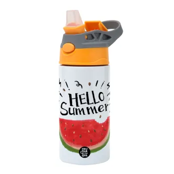 Summer Watermelon, Children's hot water bottle, stainless steel, with safety straw, Orange/Grey (360ml) BPA-FREE