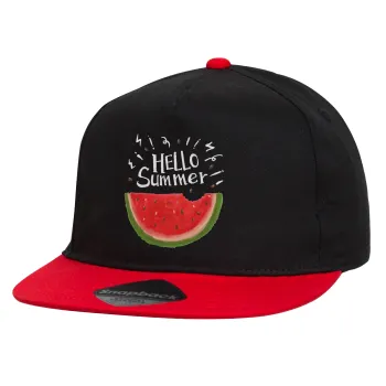 Summer Watermelon, Καπέλο παιδικό Flat Snapback, Μαύρο/Κόκκινο (100% ΒΑΜΒΑΚΕΡΟ, ΠΑΙΔΙΚΟ, UNISEX, ONE SIZE)
