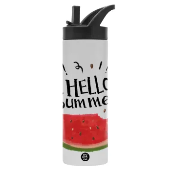 Summer Watermelon, Μεταλλικό παγούρι θερμός με καλαμάκι & χειρολαβή, ανοξείδωτο ατσάλι (Stainless steel 304), διπλού τοιχώματος, 600ml