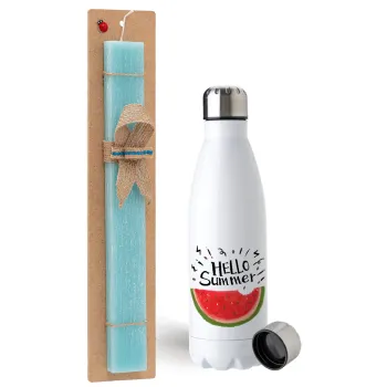 Summer Watermelon, Easter Set, metallic stainless steel water bottle (750ml) & aromatic flat Easter candle (30cm) (TURQUOISE)