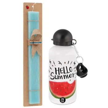 Summer Watermelon, Easter Set, metallic aluminum water bottle (500ml) & scented flat candle (30cm) (TURQUOISE)