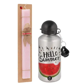 Summer Watermelon, Easter Set, metallic Silver aluminum water bottle (500ml) & scented flat Easter candle (30cm) (PINK)