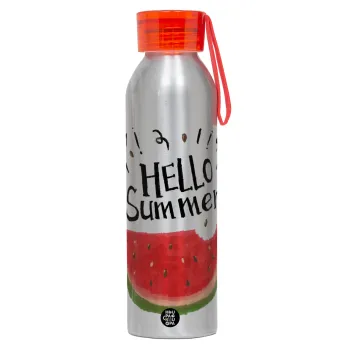 Summer Watermelon, Αλουμινένιο Αθλητικό Μπουκάλι 650ml – Ασημί με Κόκκινο Καπάκι και Λουράκι Σιλικόνης
