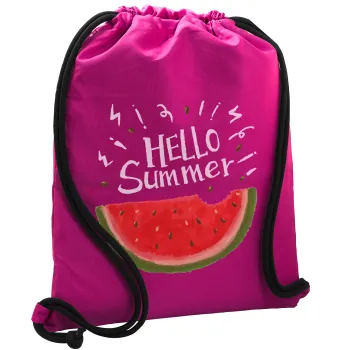 Summer Watermelon, Backpack pouch GYMBAG Fuchsia, with pocket (40x48cm) & thick cords