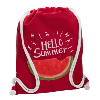 Summer Watermelon, Τσάντα πλάτης πουγκί GYMBAG Κόκκινη, με τσέπη (40x48cm) & χονδρά κορδόνια