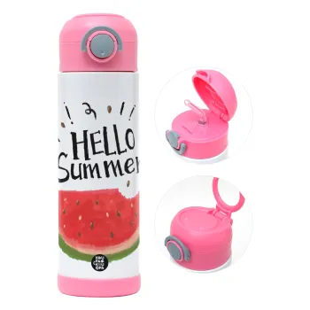 Summer Watermelon, Παιδικό παγούρι θερμό, ανοξείδωτο, με καλαμάκι ασφαλείας, ΡΟΖ (500ml)