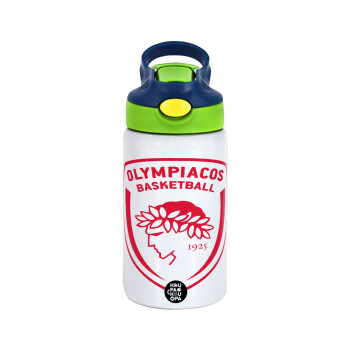 Olympiacos B.C., Children's hot water bottle, stainless steel, with safety straw, green, blue (350ml)