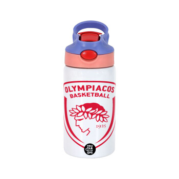Olympiacos B.C., Children's hot water bottle, stainless steel, with safety straw, pink/purple (350ml)