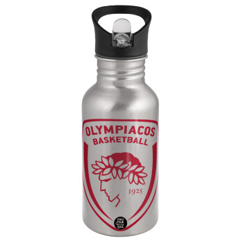 Olympiacos B.C., Water bottle Silver with straw, stainless steel 500ml