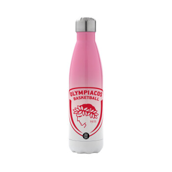 Olympiacos B.C., Metal mug thermos Pink/White (Stainless steel), double wall, 500ml