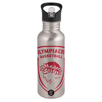 Olympiacos B.C., Water bottle Silver with straw, stainless steel 600ml
