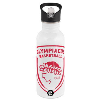 Olympiacos B.C., White water bottle with straw, stainless steel 600ml