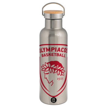 Olympiacos B.C., Stainless steel Silver with wooden lid (bamboo), double wall, 750ml