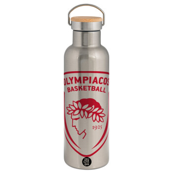 Olympiacos B.C., Μεταλλικό παγούρι θερμός (Stainless steel) Ασημένιο με ξύλινο καπακι (bamboo), διπλού τοιχώματος, 750ml