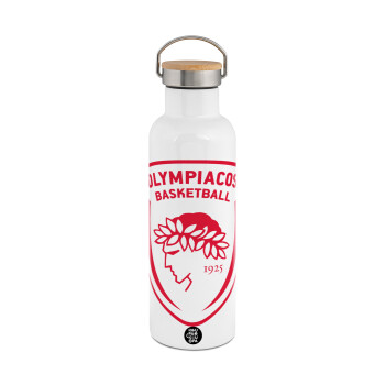 Olympiacos B.C., Stainless steel White with wooden lid (bamboo), double wall, 750ml