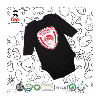 Olympiacos B.C., Μακρυμάνικο βρεφικό φορμάκι, 0-18 μηνών, ΜΑΥΡΟ, 100% Organic Cotton