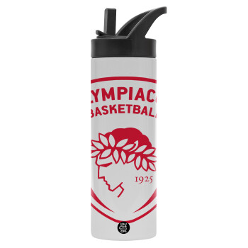 Olympiacos B.C., Μεταλλικό παγούρι θερμός με καλαμάκι & χειρολαβή, ανοξείδωτο ατσάλι (Stainless steel 304), διπλού τοιχώματος, 600ml