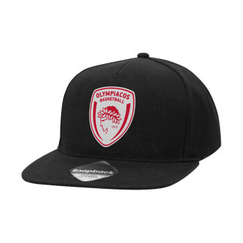 Olympiacos B.C., Καπέλο Ενηλίκων Flat Snapback Μαύρο, (100% ΒΑΜΒΑΚΕΡΟ TWILL, ΕΝΗΛΙΚΩΝ, UNISEX, ONE SIZE)
