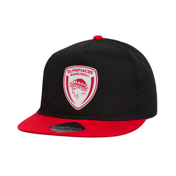 Olympiacos B.C., Children's Flat Snapback Hat, Black/Red (100% COTTON, CHILDREN'S, UNISEX, ONE SIZE)