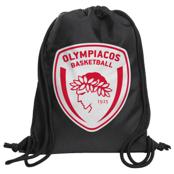 Olympiacos B.C., Τσάντα πλάτης πουγκί GYMBAG Μαύρη, με τσέπη (40x48cm) & χονδρά κορδόνια