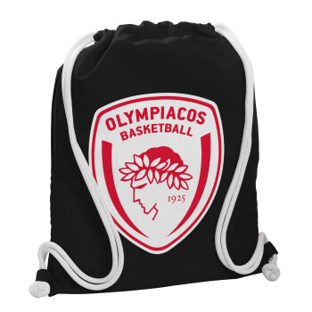 Olympiacos B.C., Τσάντα πλάτης πουγκί GYMBAG Μαύρη, με τσέπη (40x48cm) & χονδρά λευκά κορδόνια