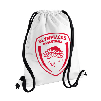 Olympiacos B.C., Τσάντα πλάτης πουγκί GYMBAG λευκή, με τσέπη (40x48cm) & χονδρά κορδόνια
