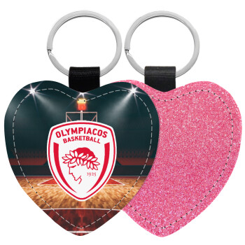 Olympiacos B.C., Μπρελόκ PU δερμάτινο glitter καρδιά ΡΟΖ