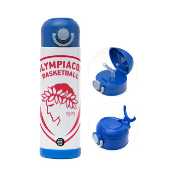 Olympiacos B.C., Children's hot water bottle, stainless steel, with safety straw, BLUE (500ml)
