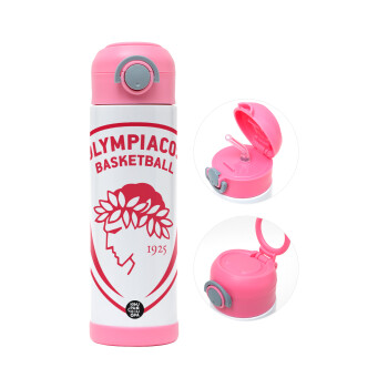 Olympiacos B.C., Children's hot water bottle, stainless steel, with safety straw, PINK (500ml)