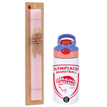 Olympiacos B.C., Πασχαλινό Σετ, Παιδικό παγούρι θερμό, ανοξείδωτο, με καλαμάκι ασφαλείας, ροζ/μωβ (350ml) & πασχαλινή λαμπάδα αρωματική πλακέ (30cm) (ΡΟΖ)