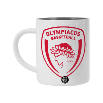Olympiacos B.C., Λευκή Ανοξείδωτη Μεταλλική Κούπα 450ml - Διπλού Τοιχώματος 