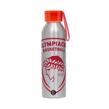 Olympiacos B.C., Aluminum Sports Bottle 650ml – Silver with Red Cap and Silicone Strap