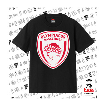 Olympiacos B.C., Κλασικό T-Shirt, διπλής ραφής, χωρίς πλευρικές ραφές ΜΑΥΡΟ από 100% βαμβάκι. Vegan & OEKO-TEX πιστοποιημένο.