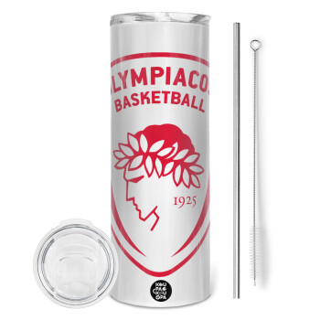 Olympiacos B.C., Eco friendly ποτήρι θερμό (tumbler) από ανοξείδωτο ατσάλι 600ml, με μεταλλικό καλαμάκι & βούρτσα καθαρισμού