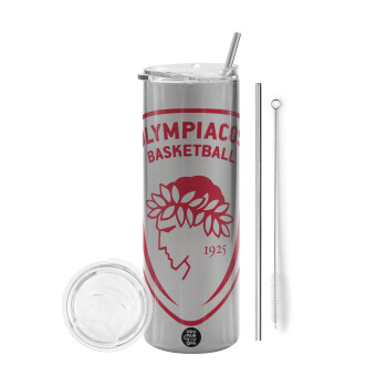 Olympiacos B.C., Tumbler stainless steel Silver 600ml, with metal straw & cleaning brush