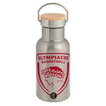 Olympiacos B.C., Μεταλλικό παγούρι θερμός (Stainless steel) Ασημένιο με ξύλινο καπακι (bamboo), διπλού τοιχώματος, 350ml