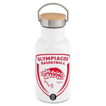 Olympiacos B.C., Μεταλλικό παγούρι θερμός (Stainless steel) Λευκό με ξύλινο καπακι (bamboo), διπλού τοιχώματος, 350ml