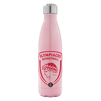 Olympiacos B.C., Metal mug thermos Pink Iridiscent (Stainless steel), double wall, 500ml