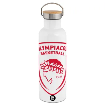 Olympiacos B.C., Μεταλλικό παγούρι θερμός (Stainless steel) Λευκό με ξύλινο καπάκι (bamboo), διπλού τοιχώματος, 750ml
