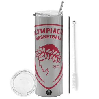 Olympiacos B.C., Tumbler ποτήρι θερμό Ασημένιο από ανοξείδωτο ατσάλι 600ml, με μεταλλικό καλαμάκι & βούρτσα καθαρισμού