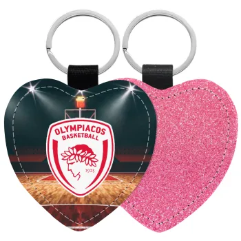 Olympiacos B.C., Μπρελόκ PU δερμάτινο glitter καρδιά ΡΟΖ