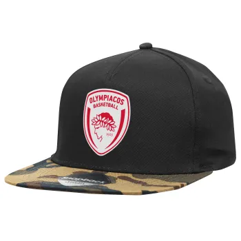 Olympiacos B.C., Καπέλο Ενηλίκων Flat Snapback Μαύρο/Παραλλαγή, (100% ΒΑΜΒΑΚΕΡΟ TWILL, ΕΝΗΛΙΚΩΝ, UNISEX, ONE SIZE)