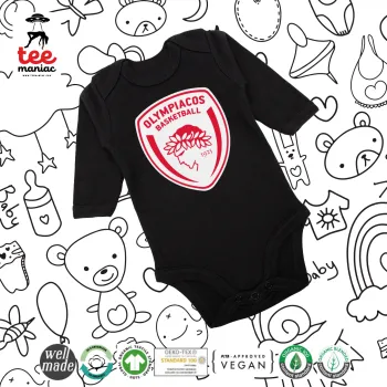 Olympiacos B.C., Μακρυμάνικο βρεφικό φορμάκι, 0-18 μηνών, ΜΑΥΡΟ, 100% Organic Cotton
