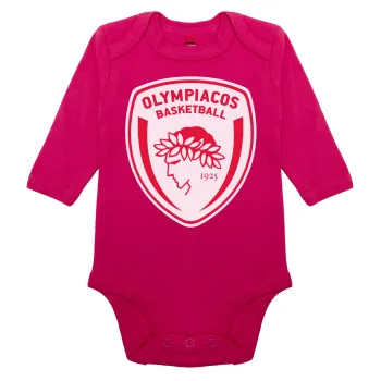 Olympiacos B.C., Μακρυμάνικο βρεφικό φορμάκι, 0-18 μηνών, ΡΟΖ, 100% Organic Cotton