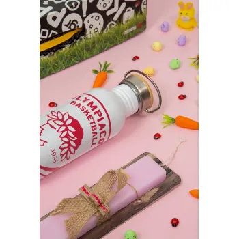 Olympiacos B.C., Πασχαλινή Λαμπάδα με παγούρι μεταλλικό (620ml, stainless steel) & κερί αρωματικό πλακέ (30cm) (ΡΟΖ)