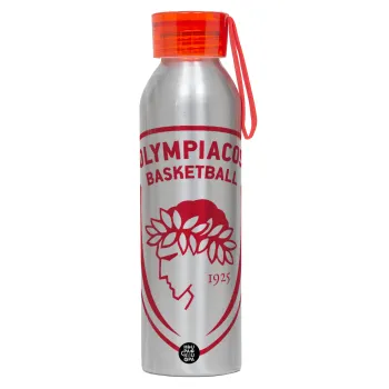 Olympiacos B.C., Αλουμινένιο Αθλητικό Μπουκάλι 650ml – Ασημί με Κόκκινο Καπάκι και Λουράκι Σιλικόνης