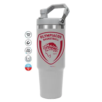 Olympiacos B.C., ΓΚΡΙ χρώματος Θερμός Ανοξείδωτο 890ml (30oz) με χερούλι