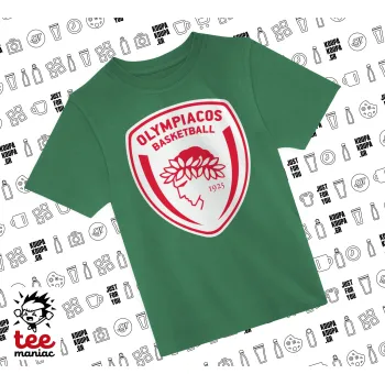 Olympiacos B.C., Άνετο παιδικό T-Shirt ΠΡΑΣΙΝΟ από 100% βαμβάκι, για κάθε μέρα. Vegan & OEKO-TEX πιστοποιημένο.