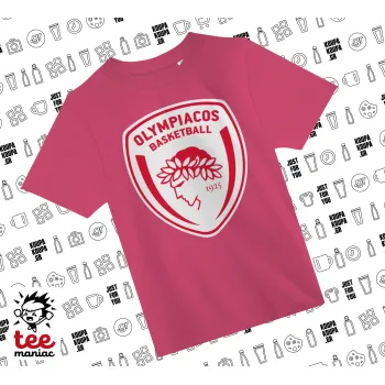 Olympiacos B.C., ΡΟΖ παιδικό T-Shirt από 100% βαμβάκι, για κάθε μέρα. Vegan & OEKO-TEX πιστοποιημένο.