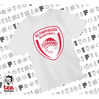 Olympiacos B.C., Άνετο παιδικό T-Shirt ΛΕΥΚΟ από 100% βαμβάκι, για κάθε μέρα. Vegan & OEKO-TEX πιστοποιημένο.